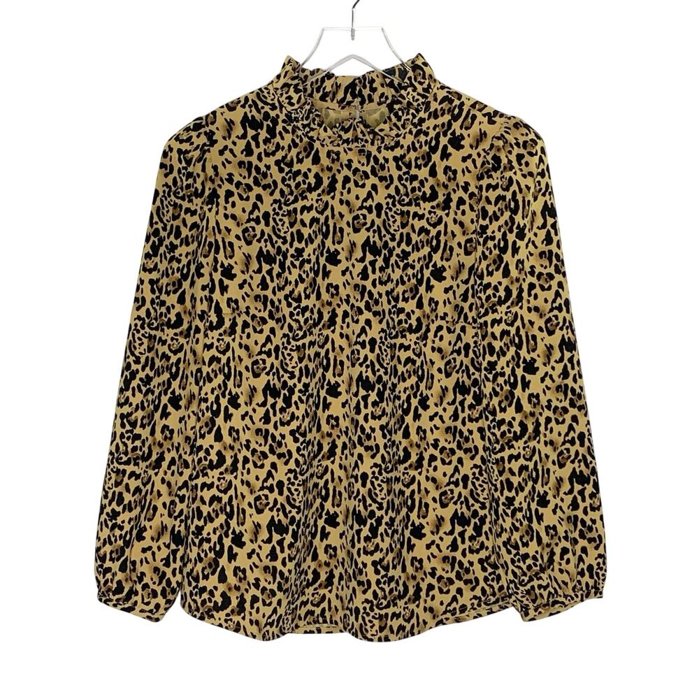 J.Crew Long Sleeve Ruffle Neck Blouse Top S Leopard Animal Print Brown Black